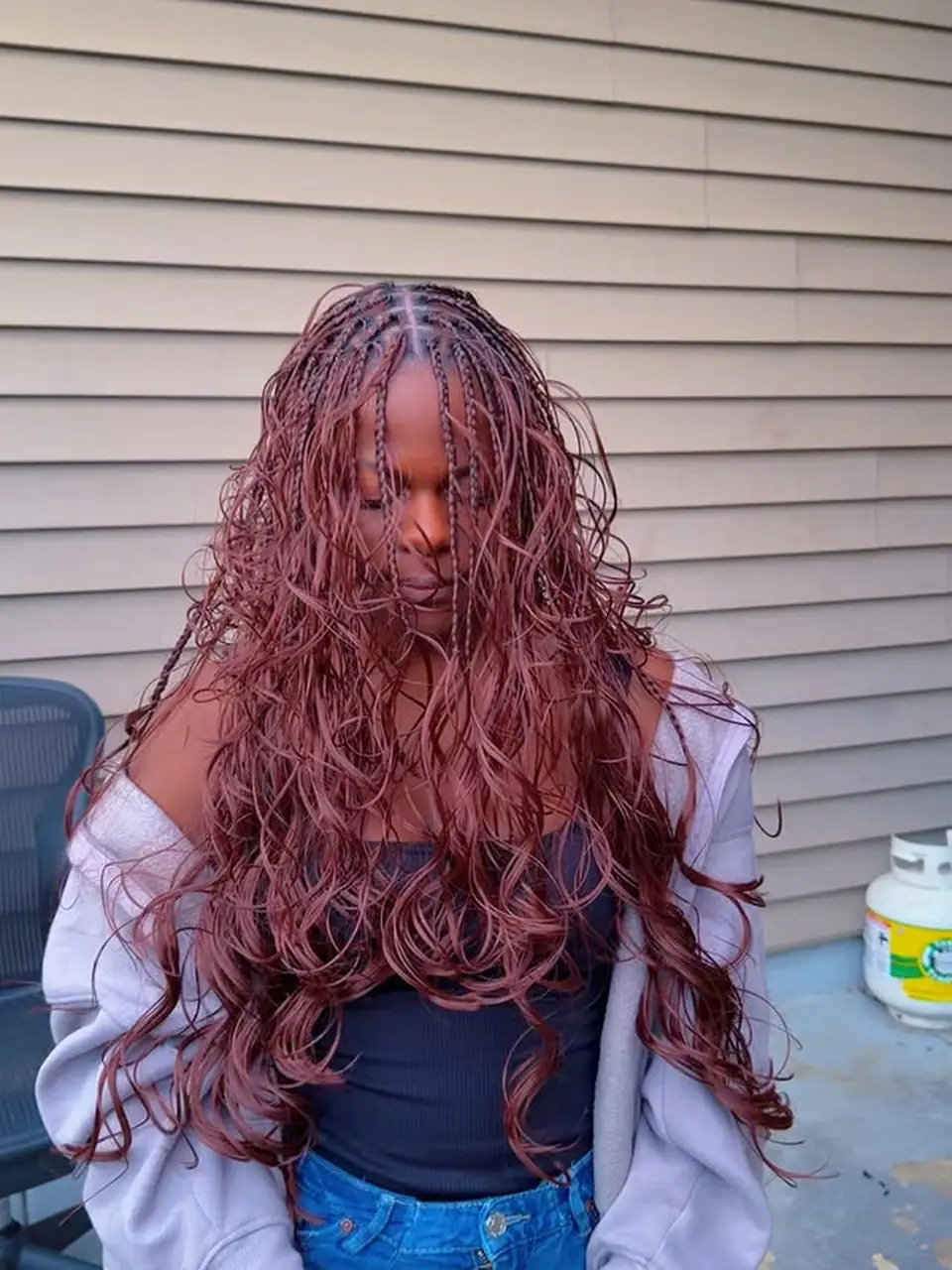 Auburn boho knotless braids with curly ends by Sunday's Braids